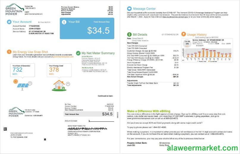 USA Vermont Green Mountain Power utility bill, Word and PDF template, 2 pages